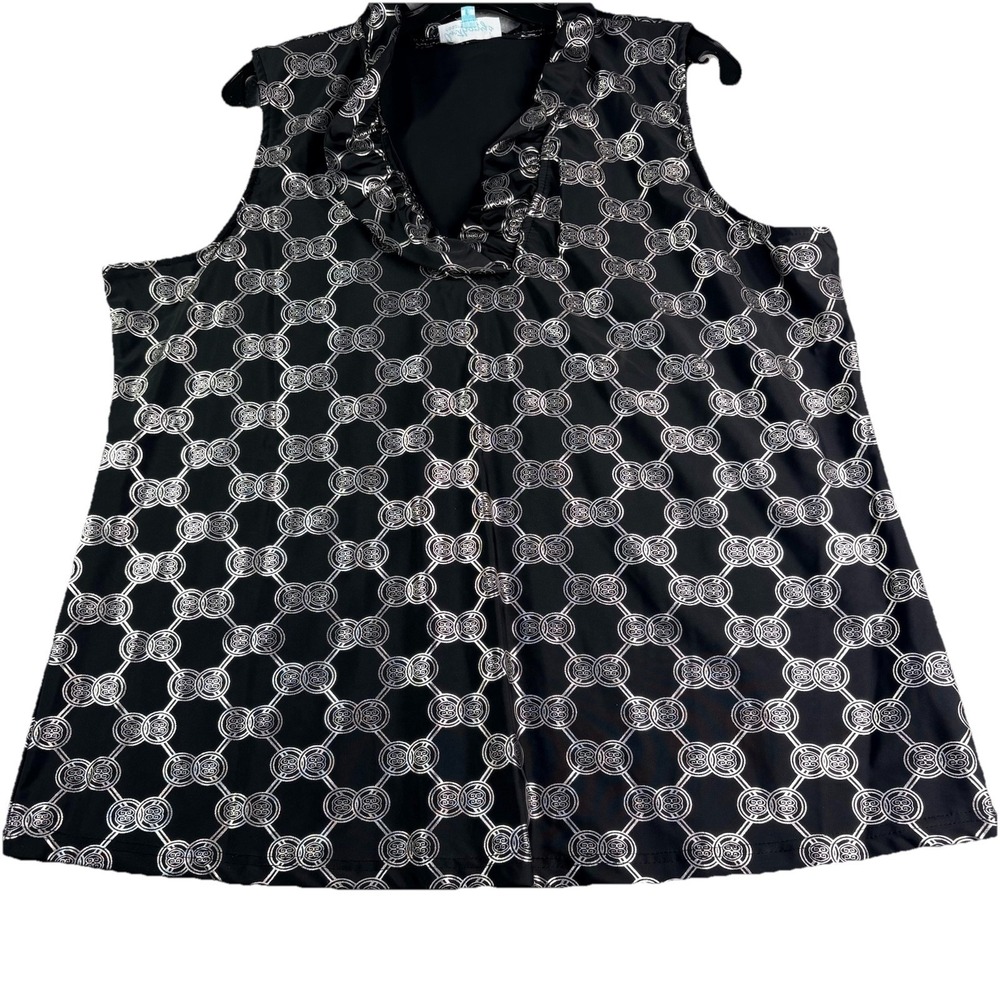 Anthony's Resort Wear Top Women's 1X Sleeveless Ruffle Black  Geometric Cruise